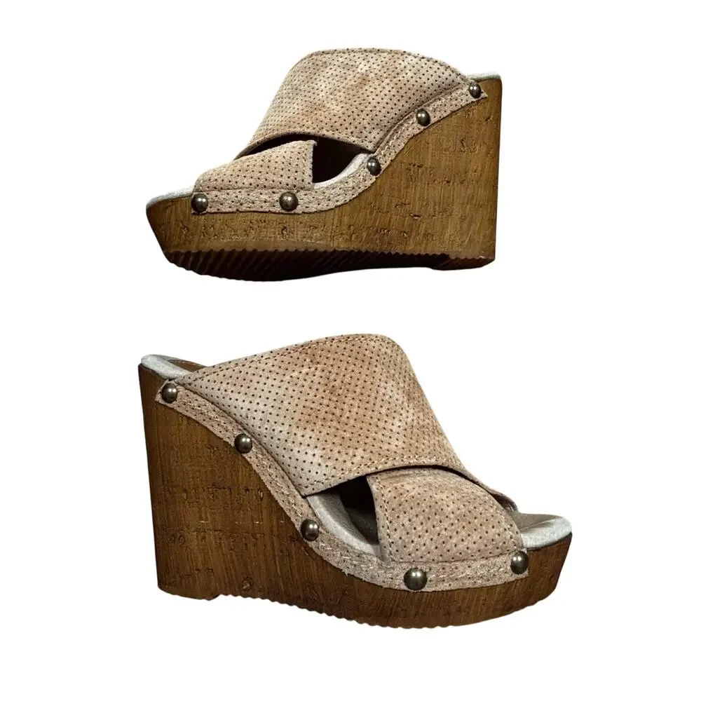 Sbicca Platform High Heels Slides US 8M tan suede leather crossover uppers shoes